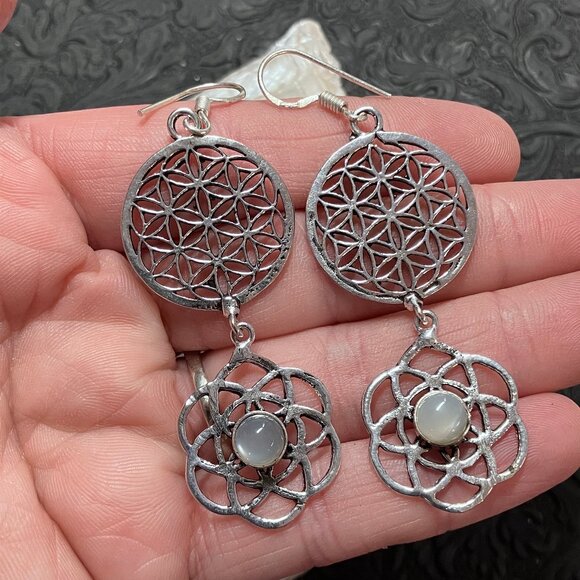 Moonstone Flower Seed of Life Sacred Geometry Earrings - Picture 1 of 6